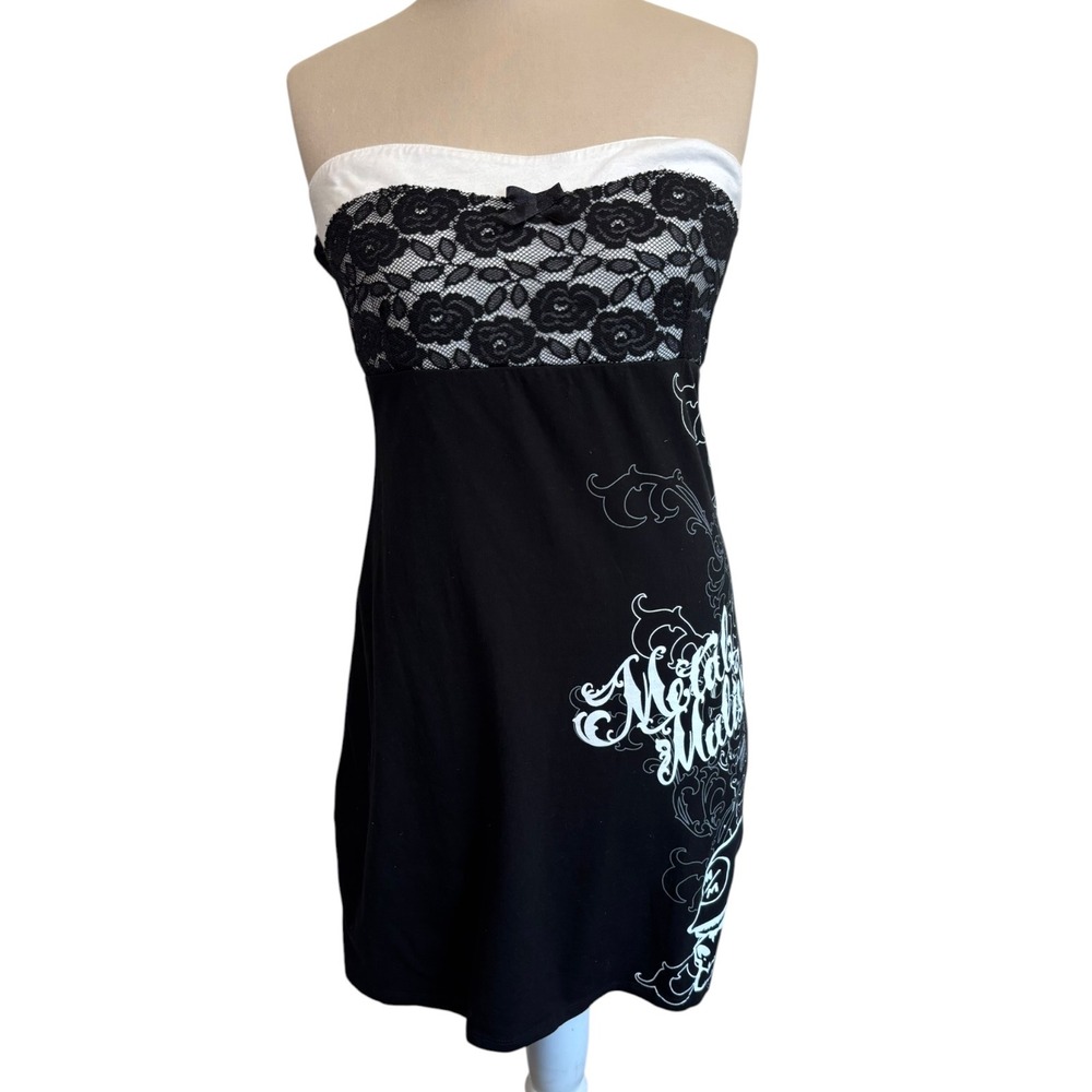 Metal Mulisha Y2K GRAIL Tube Dress Womens Sz L Black Lace Graphic Strapless 2000
